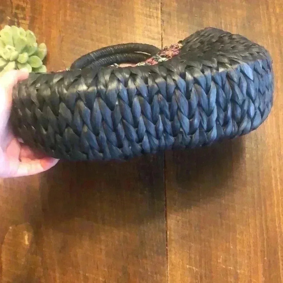 Black Woven Straw Handbag with Braided Ribbon Detail - Picture 5 of 5